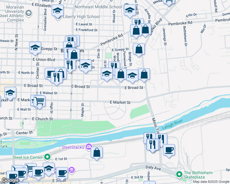 map of restaurants, bars, coffee shops, grocery stores, and more near 535 Wood Street in Bethlehem