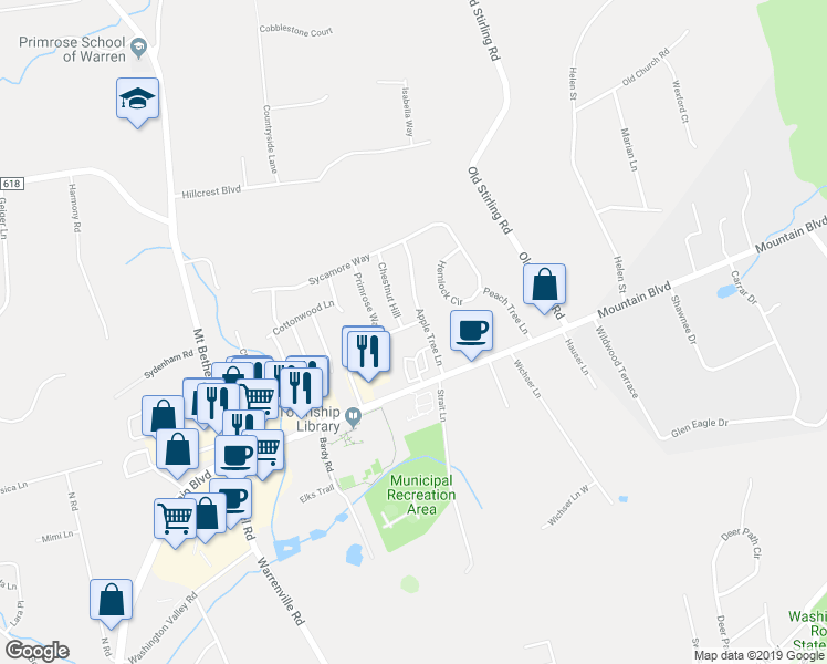 map of restaurants, bars, coffee shops, grocery stores, and more near 4 Puddingstone Way in Warren