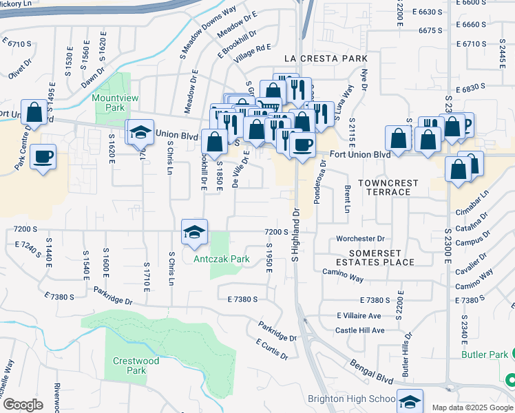 map of restaurants, bars, coffee shops, grocery stores, and more near 1920 East 7130 South in Cottonwood Heights