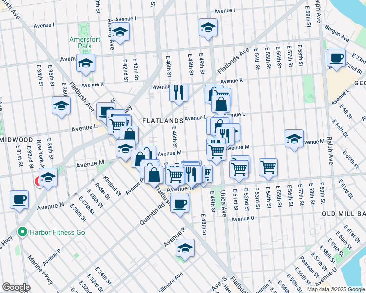 map of restaurants, bars, coffee shops, grocery stores, and more near 2066 Schenectady Avenue in Brooklyn