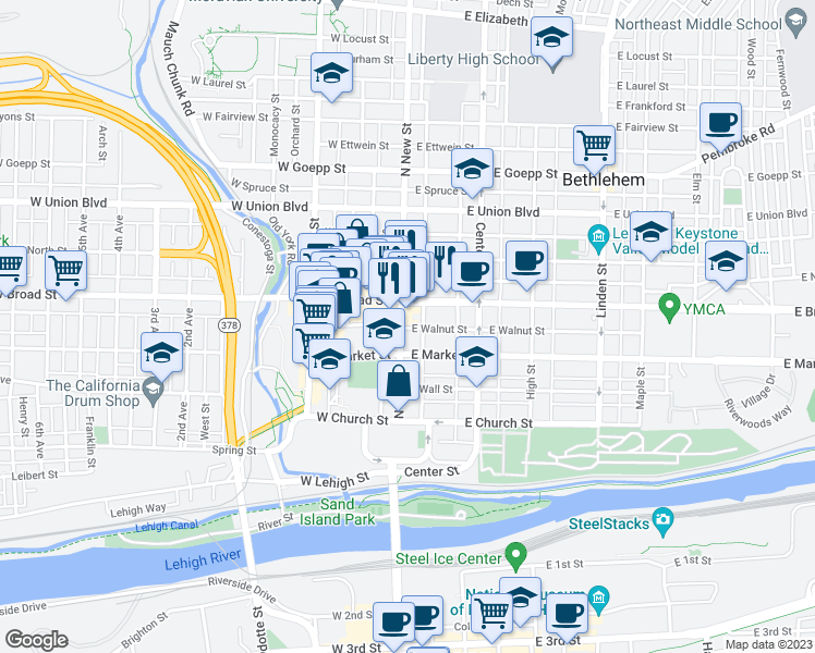 map of restaurants, bars, coffee shops, grocery stores, and more near 536 North New Street in Bethlehem