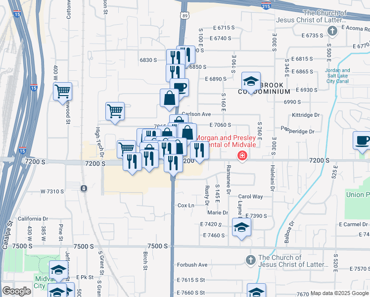 map of restaurants, bars, coffee shops, grocery stores, and more near 43 7200 South in Midvale