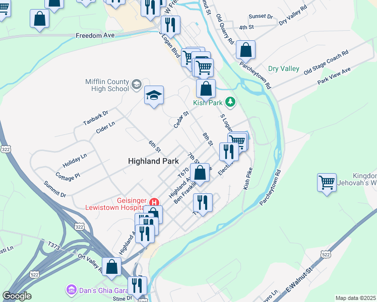 map of restaurants, bars, coffee shops, grocery stores, and more near 310 7th Street in Lewistown