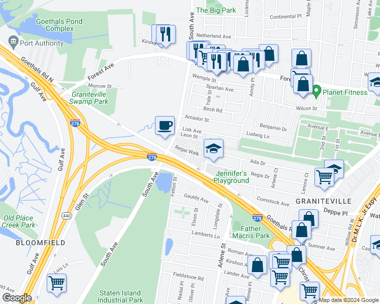 map of restaurants, bars, coffee shops, grocery stores, and more near 70 Regal Walk in Staten Island