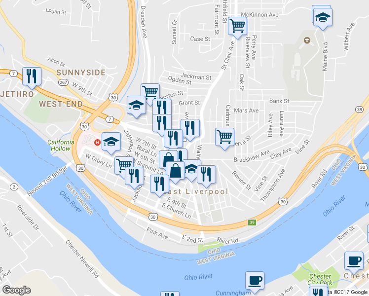 map of restaurants, bars, coffee shops, grocery stores, and more near 657 Lincoln Avenue in East Liverpool