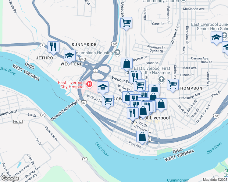 map of restaurants, bars, coffee shops, grocery stores, and more near 301 West 6th Street in East Liverpool