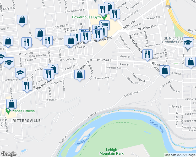 map of restaurants, bars, coffee shops, grocery stores, and more near 2101 Florence Avenue in Bethlehem