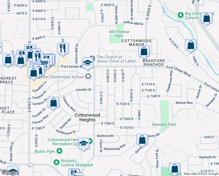 map of restaurants, bars, coffee shops, grocery stores, and more near 7131 South 2780 East in Cottonwood Heights