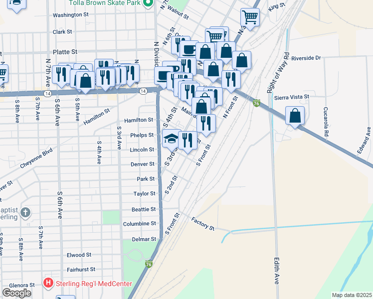 map of restaurants, bars, coffee shops, grocery stores, and more near 224 South 2nd Street in Sterling
