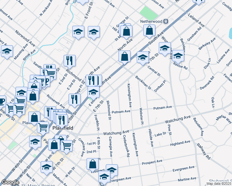 map of restaurants, bars, coffee shops, grocery stores, and more near 708 Carlton Avenue in Plainfield