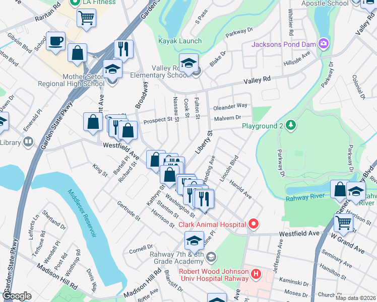 map of restaurants, bars, coffee shops, grocery stores, and more near 73 Fulton Street in Clark