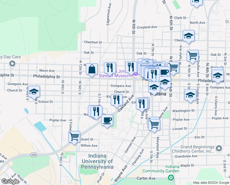 map of restaurants, bars, coffee shops, grocery stores, and more near 1004 Church Street in Indiana