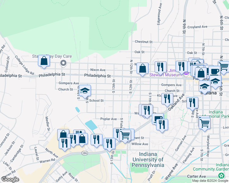 map of restaurants, bars, coffee shops, grocery stores, and more near 1286 Church Street in Indiana