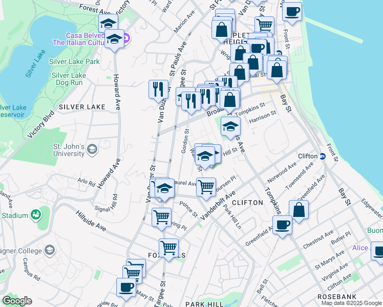 map of restaurants, bars, coffee shops, grocery stores, and more near 45 Warren Street in Staten Island