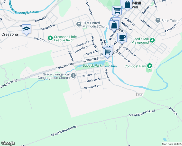 map of restaurants, bars, coffee shops, grocery stores, and more near 104 Jefferson Street in Schuylkill Haven