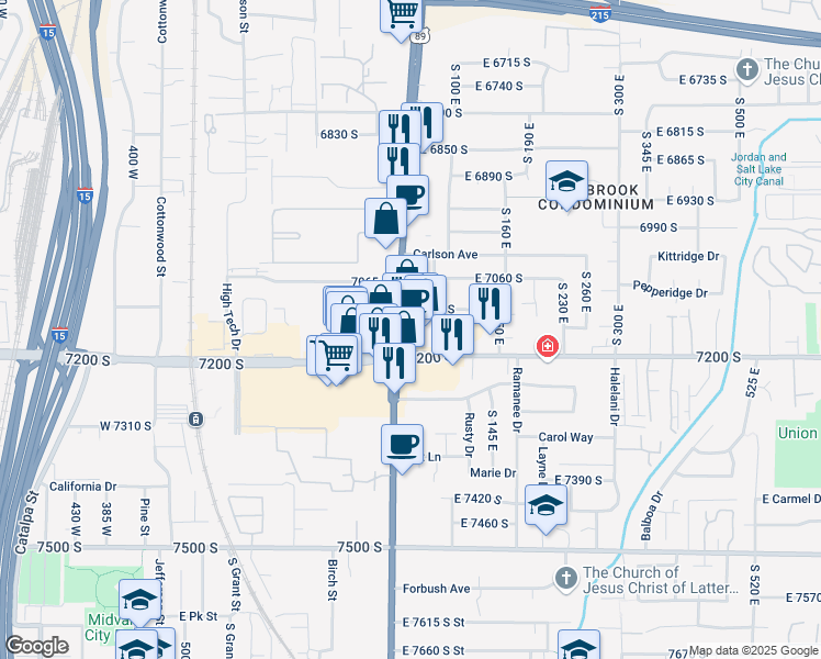 map of restaurants, bars, coffee shops, grocery stores, and more near 43 7200 South in Midvale