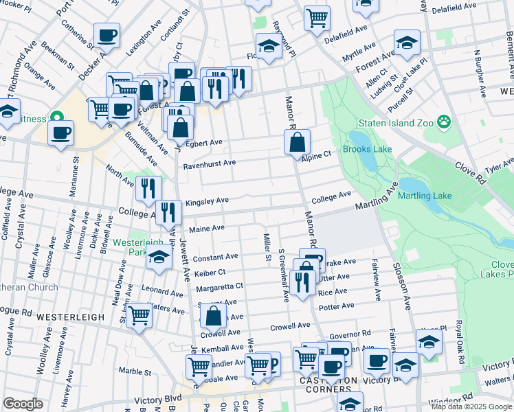 map of restaurants, bars, coffee shops, grocery stores, and more near 195 College Avenue in Staten Island