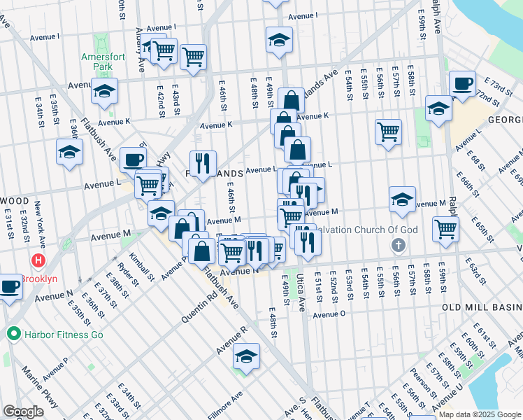 map of restaurants, bars, coffee shops, grocery stores, and more near 1600 East 48th Street in Brooklyn
