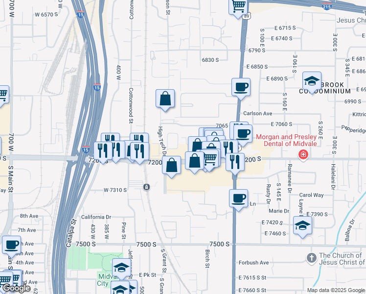map of restaurants, bars, coffee shops, grocery stores, and more near 144 West 7200 South in Midvale