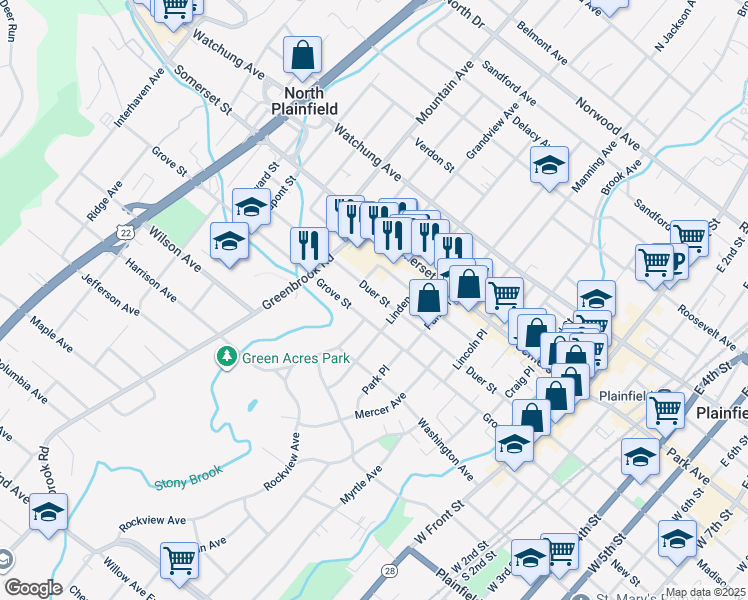 map of restaurants, bars, coffee shops, grocery stores, and more near 141 Duer Street in North Plainfield