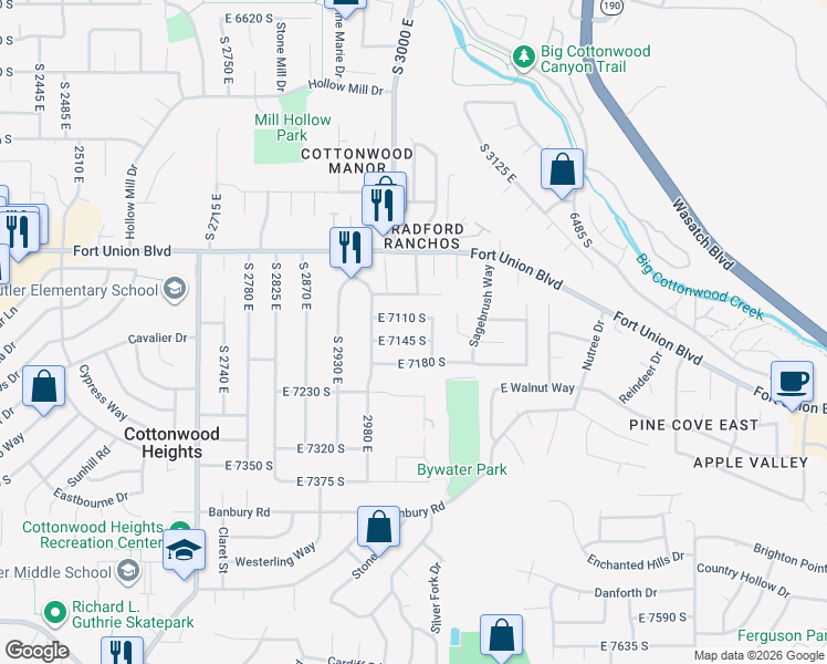 map of restaurants, bars, coffee shops, grocery stores, and more near 3047 East 7145 South in Salt Lake City