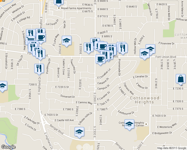 map of restaurants, bars, coffee shops, grocery stores, and more near 2290 East 7120 South in Cottonwood Heights