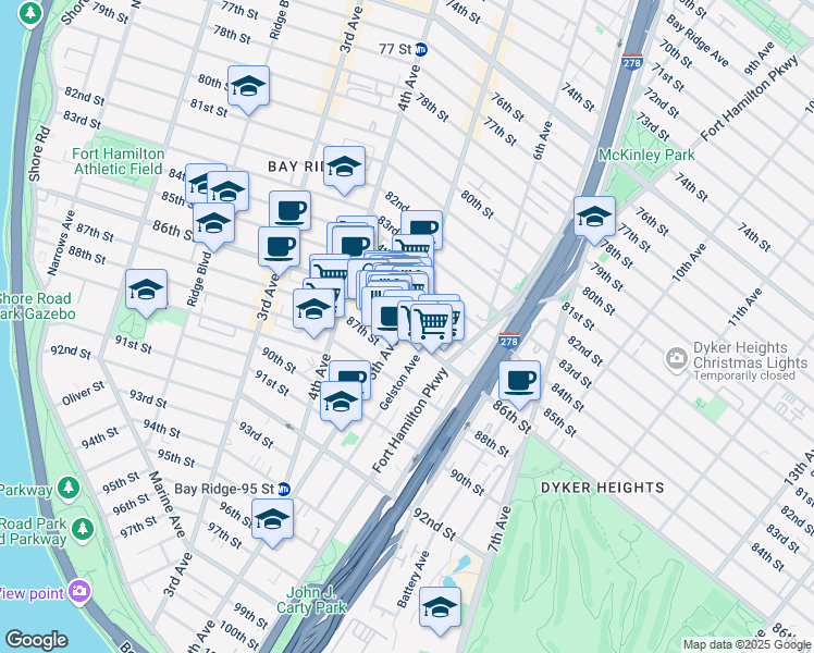 map of restaurants, bars, coffee shops, grocery stores, and more near 8515 5th Avenue in Brooklyn