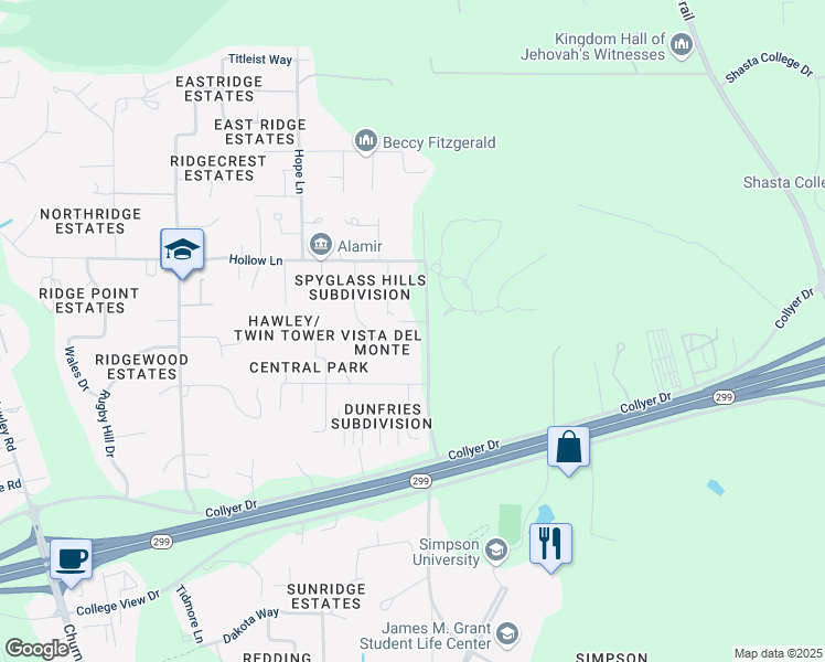 map of restaurants, bars, coffee shops, grocery stores, and more near 964 Twin Tower Drive in Redding