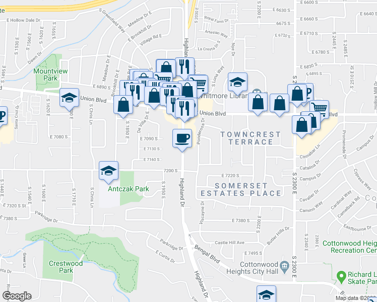 map of restaurants, bars, coffee shops, grocery stores, and more near 7135 2000 East in Cottonwood Heights