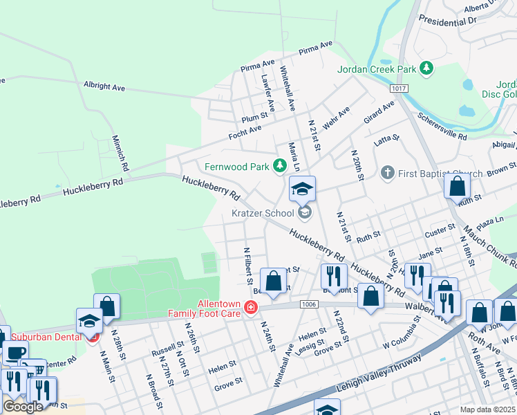 map of restaurants, bars, coffee shops, grocery stores, and more near 2412 Huckleberry Road in Allentown