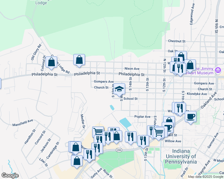 map of restaurants, bars, coffee shops, grocery stores, and more near 1508 Church Street in Indiana