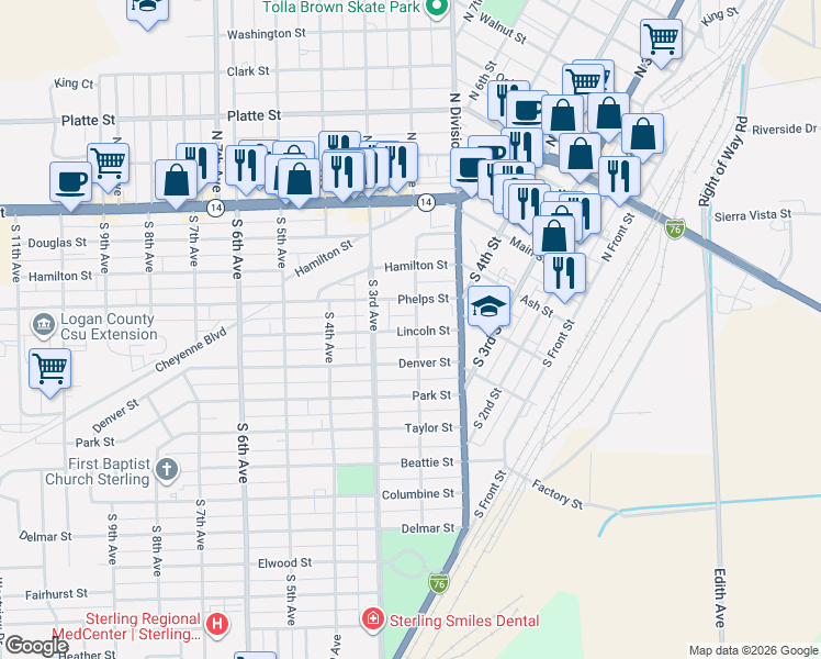 map of restaurants, bars, coffee shops, grocery stores, and more near 205 Lincoln Street in Sterling