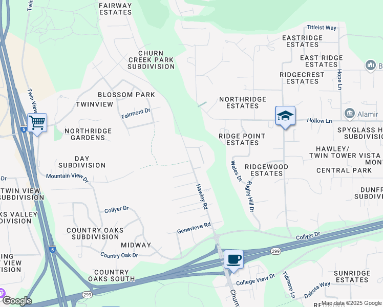 map of restaurants, bars, coffee shops, grocery stores, and more near 19079 Leaf Lane in Redding