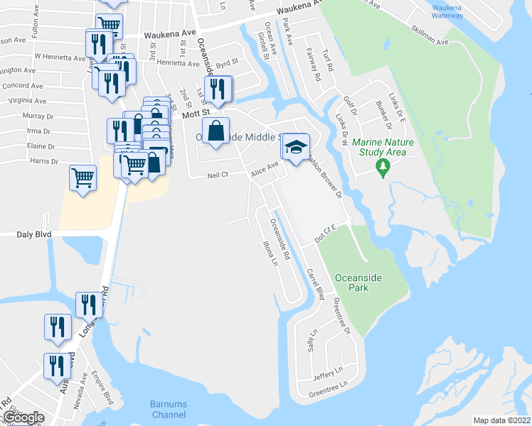 map of restaurants, bars, coffee shops, grocery stores, and more near 3683 Illona Lane in Oceanside