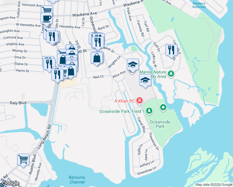 map of restaurants, bars, coffee shops, grocery stores, and more near 3683 Illona Lane in Oceanside