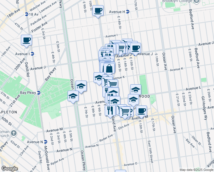 map of restaurants, bars, coffee shops, grocery stores, and more near 1476 Coney Island Avenue in Brooklyn