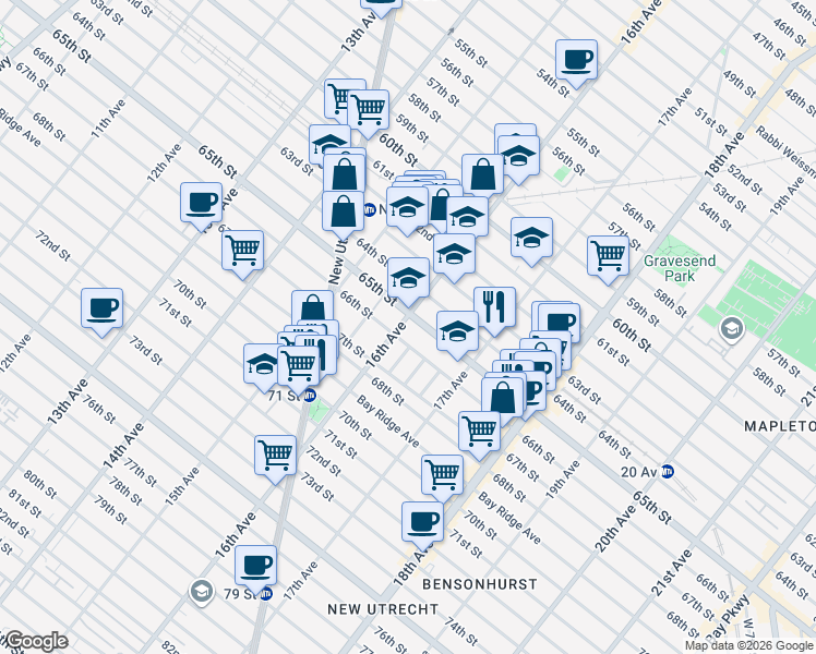 map of restaurants, bars, coffee shops, grocery stores, and more near 6511 16th Avenue in Brooklyn