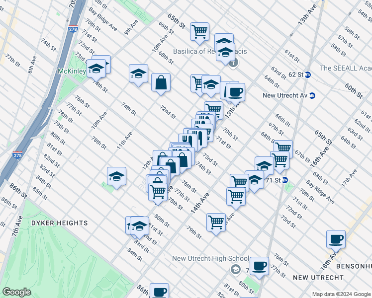 map of restaurants, bars, coffee shops, grocery stores, and more near 1268 73rd Street in Brooklyn