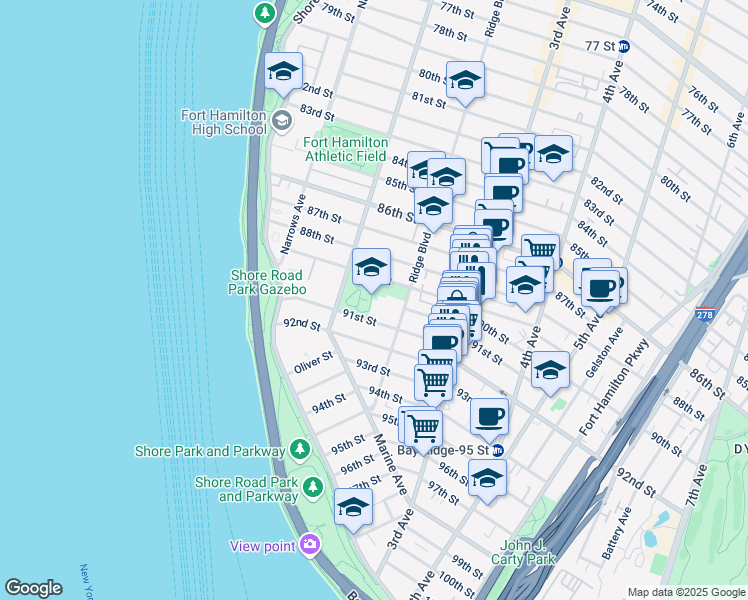map of restaurants, bars, coffee shops, grocery stores, and more near 8902 Ridge Boulevard in Brooklyn