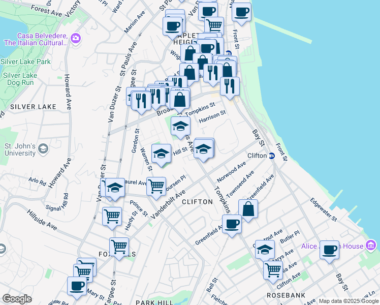 map of restaurants, bars, coffee shops, grocery stores, and more near 38 Hill Street in Staten Island