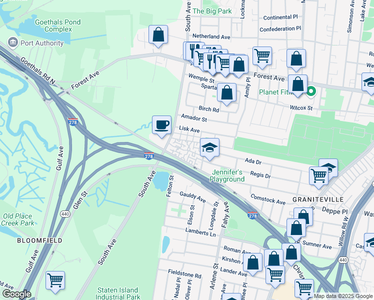 map of restaurants, bars, coffee shops, grocery stores, and more near 70 Regal Walk in Staten Island