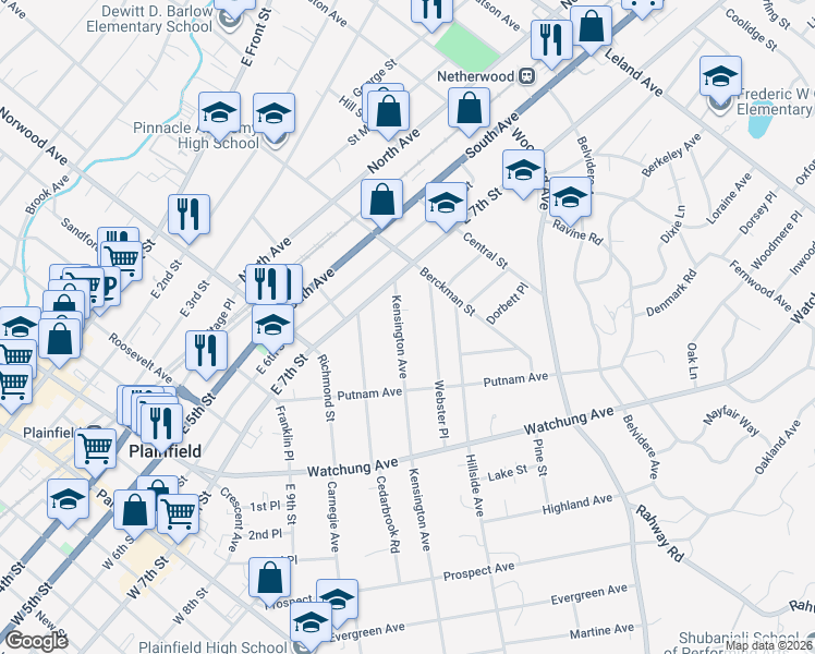 map of restaurants, bars, coffee shops, grocery stores, and more near 744-46 Webster Place in Plainfield