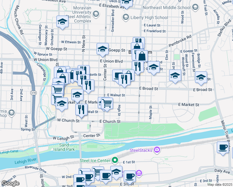 map of restaurants, bars, coffee shops, grocery stores, and more near 537 High Street in Bethlehem