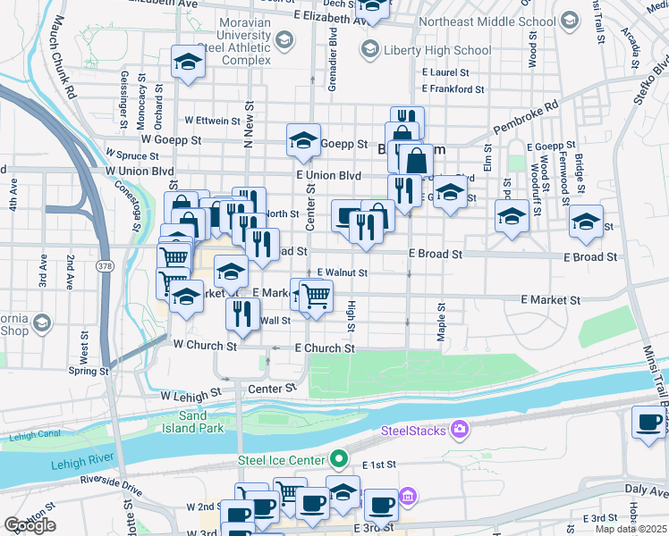 map of restaurants, bars, coffee shops, grocery stores, and more near 131 East Walnut Street in Bethlehem