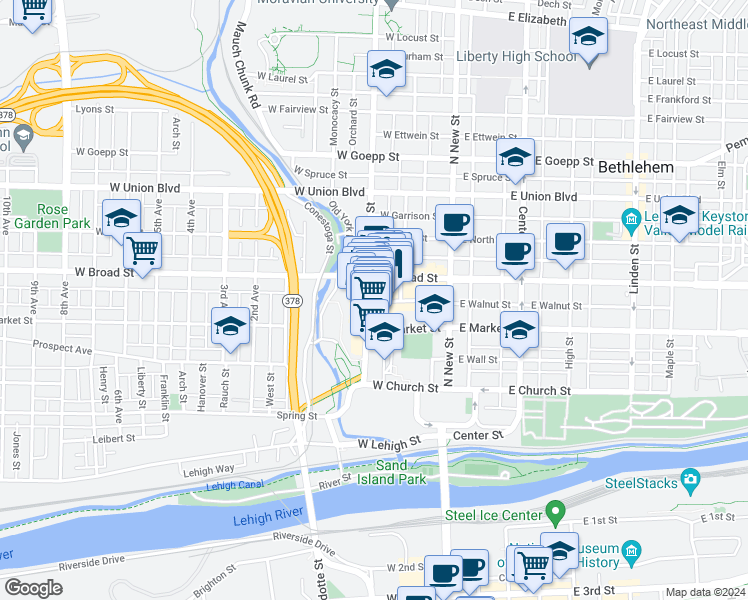 map of restaurants, bars, coffee shops, grocery stores, and more near 77 West Broad Street in Bethlehem