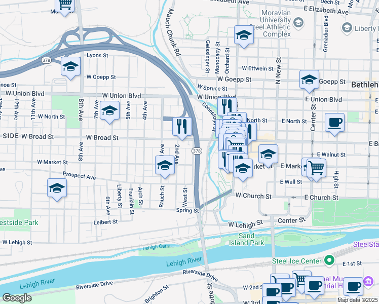 map of restaurants, bars, coffee shops, grocery stores, and more near 527 1st Avenue in Bethlehem