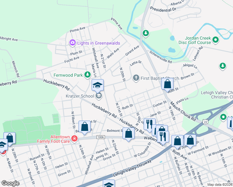 map of restaurants, bars, coffee shops, grocery stores, and more near 1823 North 21st Street in Allentown