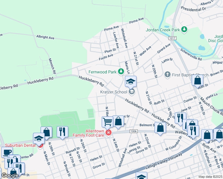 map of restaurants, bars, coffee shops, grocery stores, and more near 2412 Huckleberry Road in Allentown