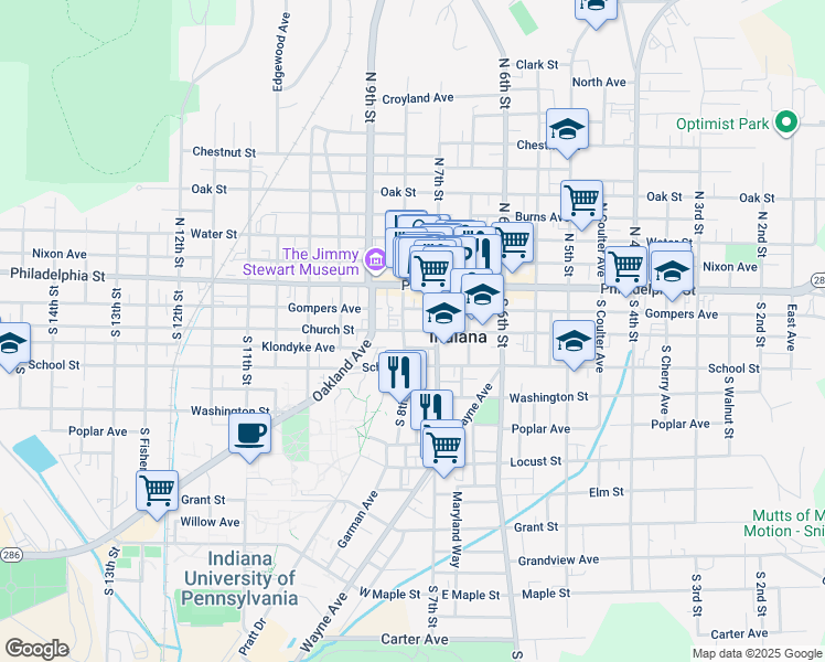 map of restaurants, bars, coffee shops, grocery stores, and more near 120 South 8th Street in Indiana