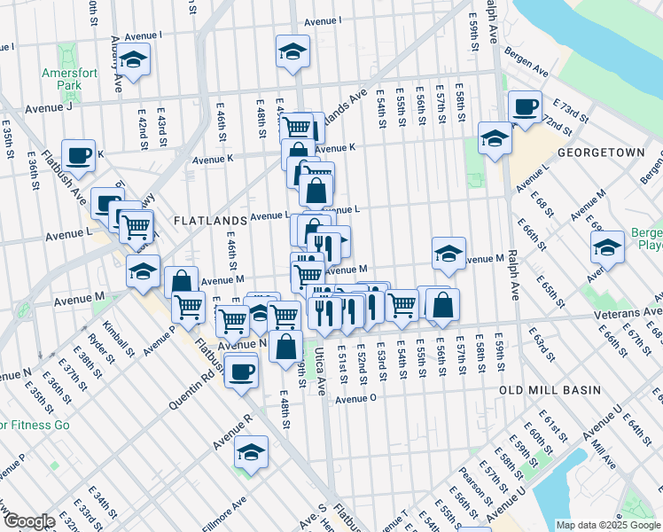 map of restaurants, bars, coffee shops, grocery stores, and more near 5023 Avenue M in Brooklyn